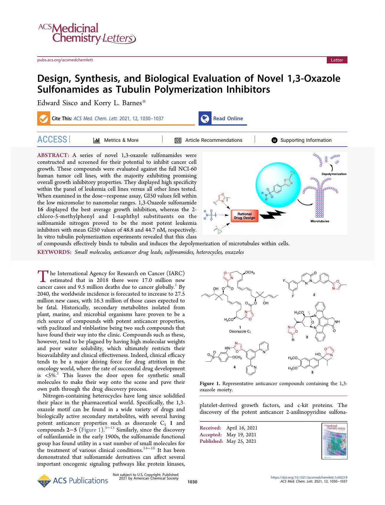 Design, Synthesis, and Biological Evaluation of Novel 1,3-Oxazole Sulfonamides as Tubulin Polymerization Inhibitors by Edward Sisco and Korry L. Barnes