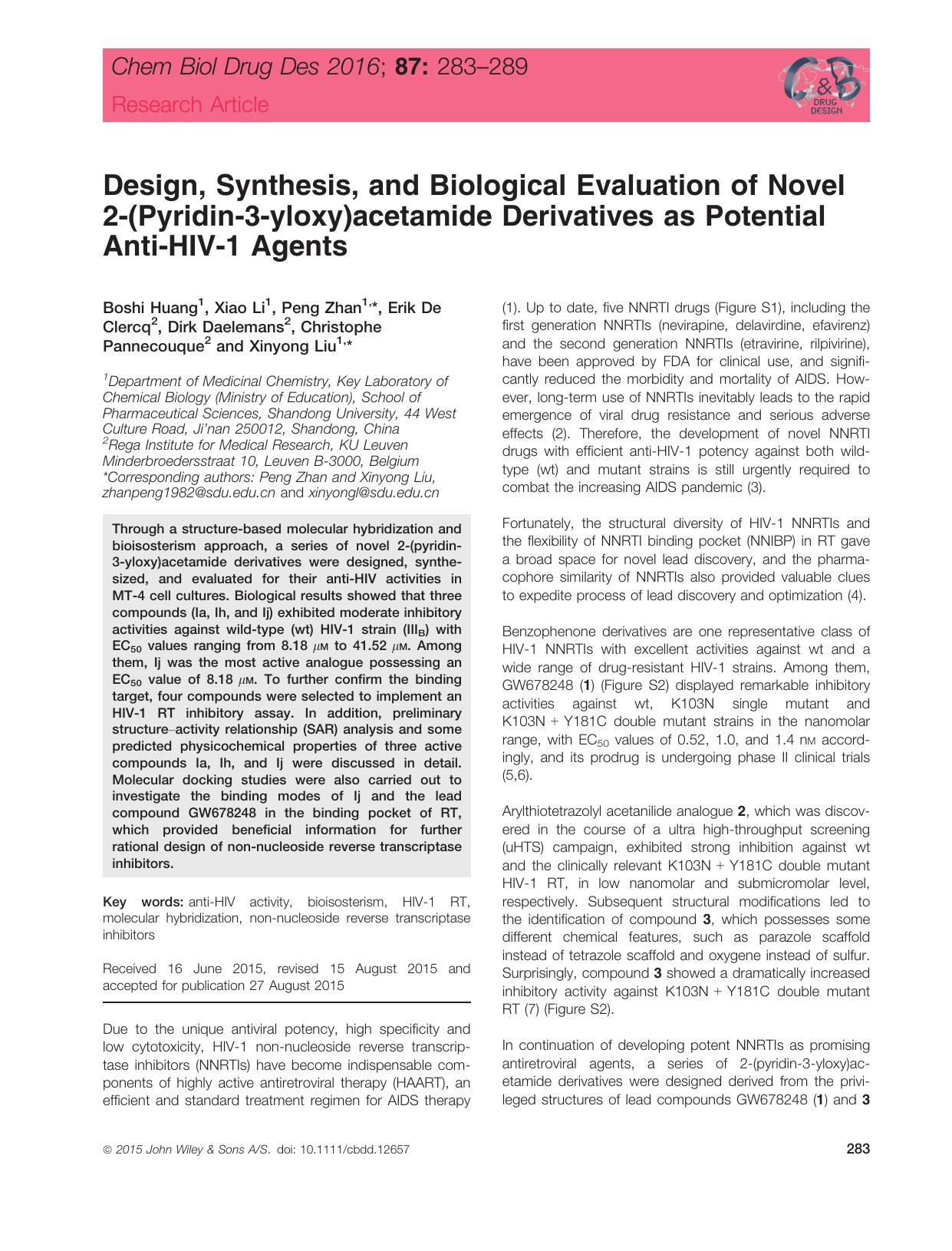 Design, Synthesis, and Biological Evaluation of Novel 2‐(Pyridin‐3‐yloxy)acetamide Derivatives as Potential Anti‐HIV‐1 Agents by unknow
