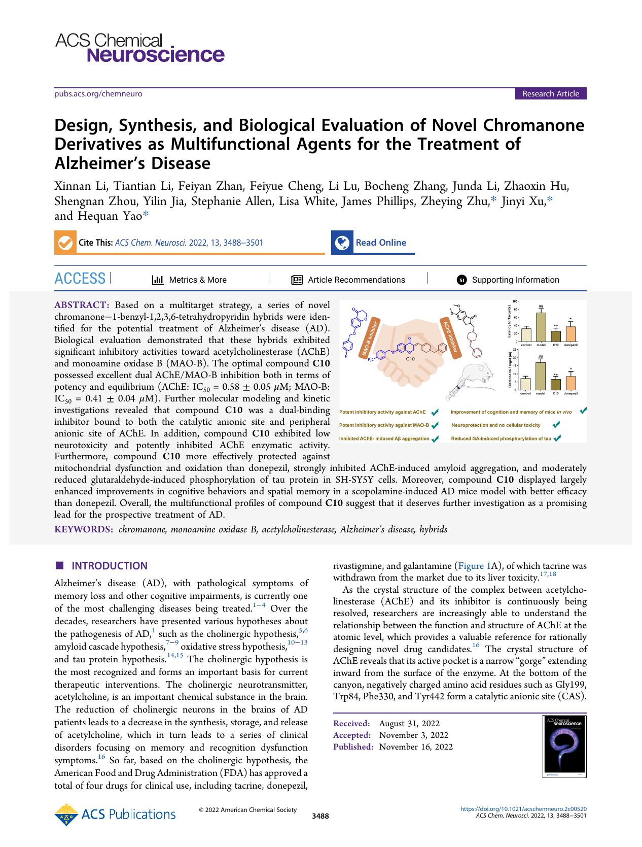 Design, Synthesis, and Biological Evaluation of Novel Chromanone Derivatives as Multifunctional Agents for the Treatment of Alzheimerâs Disease by unknow
