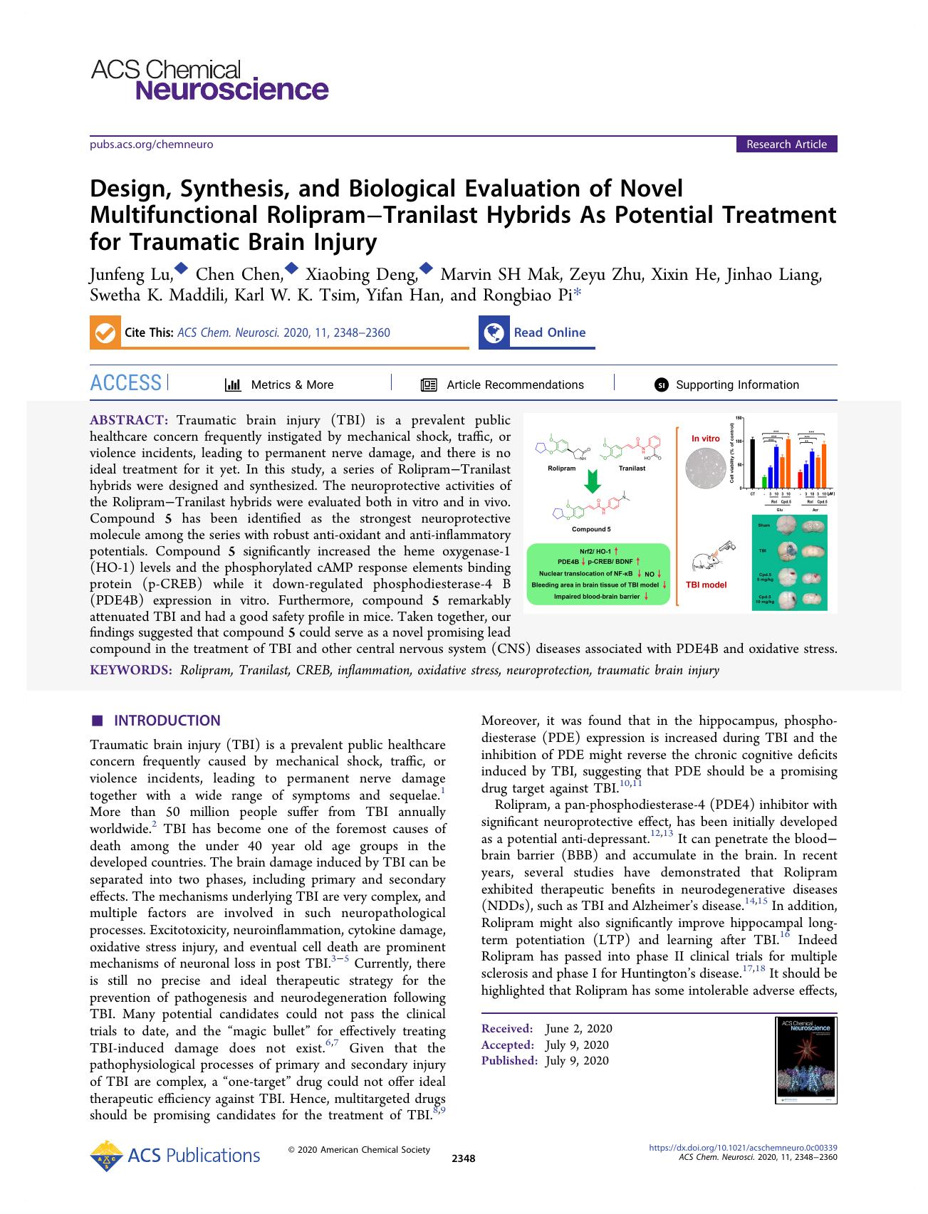 Design, Synthesis, and Biological Evaluation of Novel Multifunctional RolipramâTranilast Hybrids As Potential Treatment for Traumatic Brain Injury by unknow