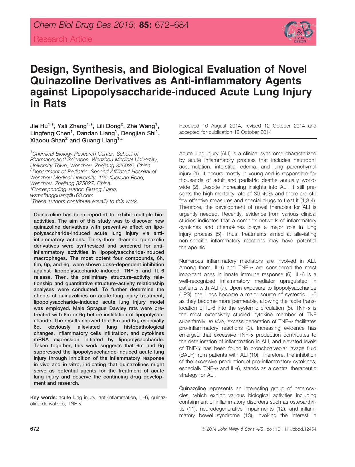 Design, Synthesis, and Biological Evaluation of Novel Quinazoline Derivatives as Anti‐inflammatory Agents against Lipopolysaccharide‐induced Acute Lung Injury in Rats by unknow