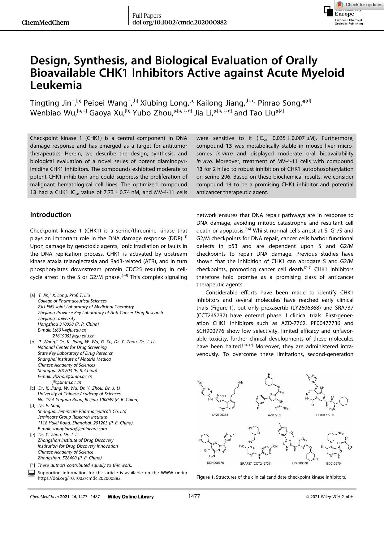 Design, Synthesis, and Biological Evaluation of Orally Bioavailable CHK1 Inhibitors Active against Acute Myeloid Leukemia by Unknown