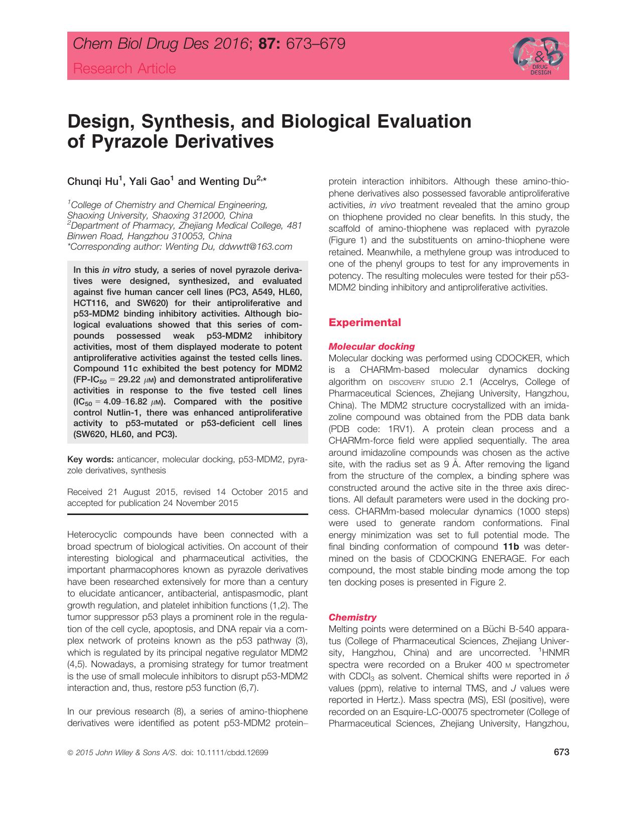 Design, Synthesis, and Biological Evaluation of Pyrazole Derivatives by unknow