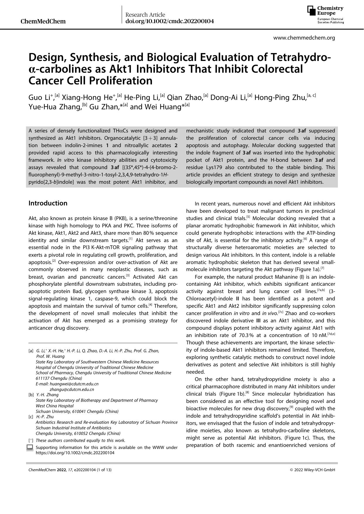 Design, Synthesis, and Biological Evaluation of TetrahydroâÎ±âcarbolines as Akt1 Inhibitors That Inhibit Colorectal Cancer Cell Proliferation by Unknown