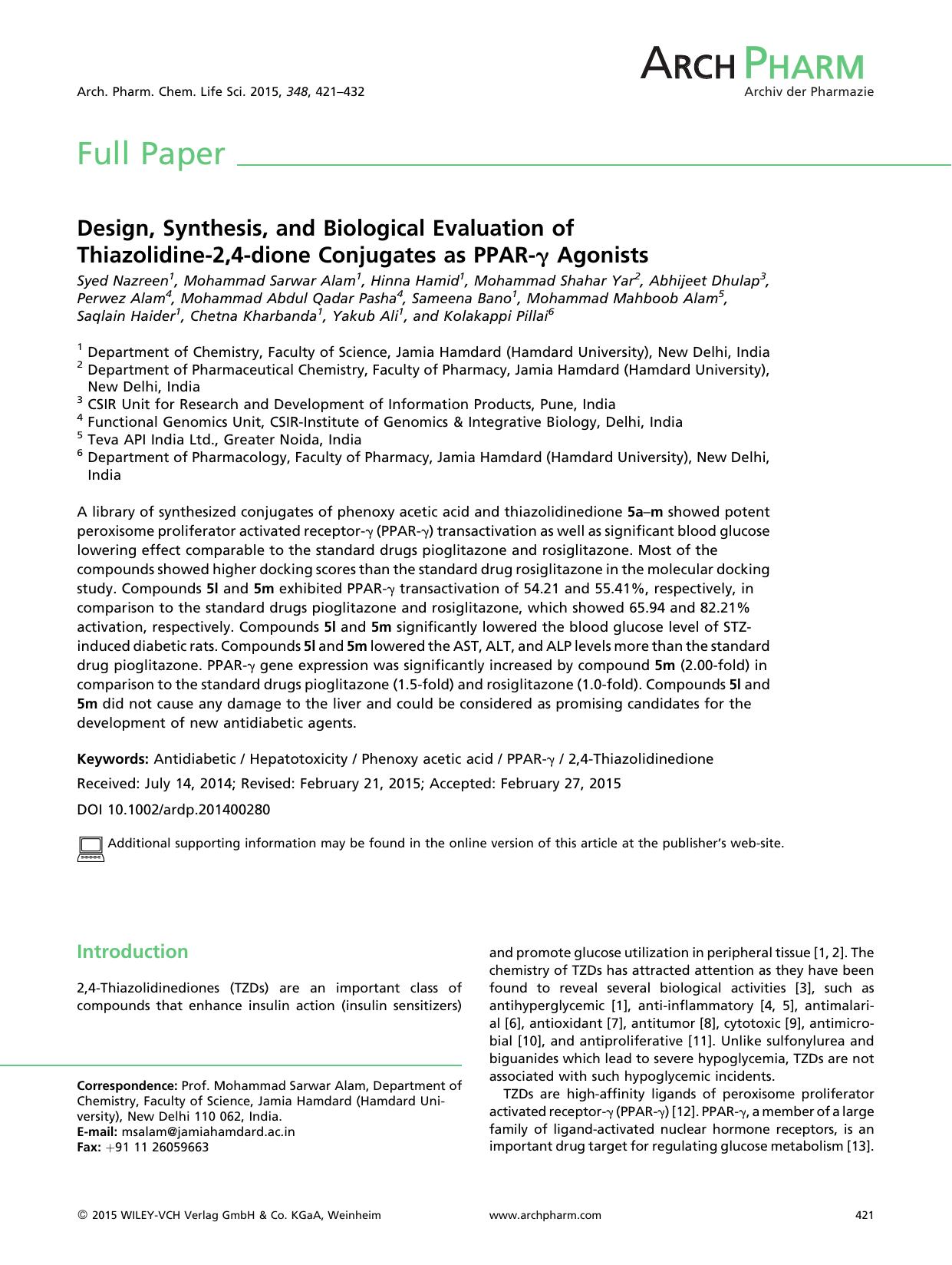 Design, Synthesis, and Biological Evaluation of Thiazolidine-2,4-dione Conjugates as PPAR-γ Agonists by Unknown