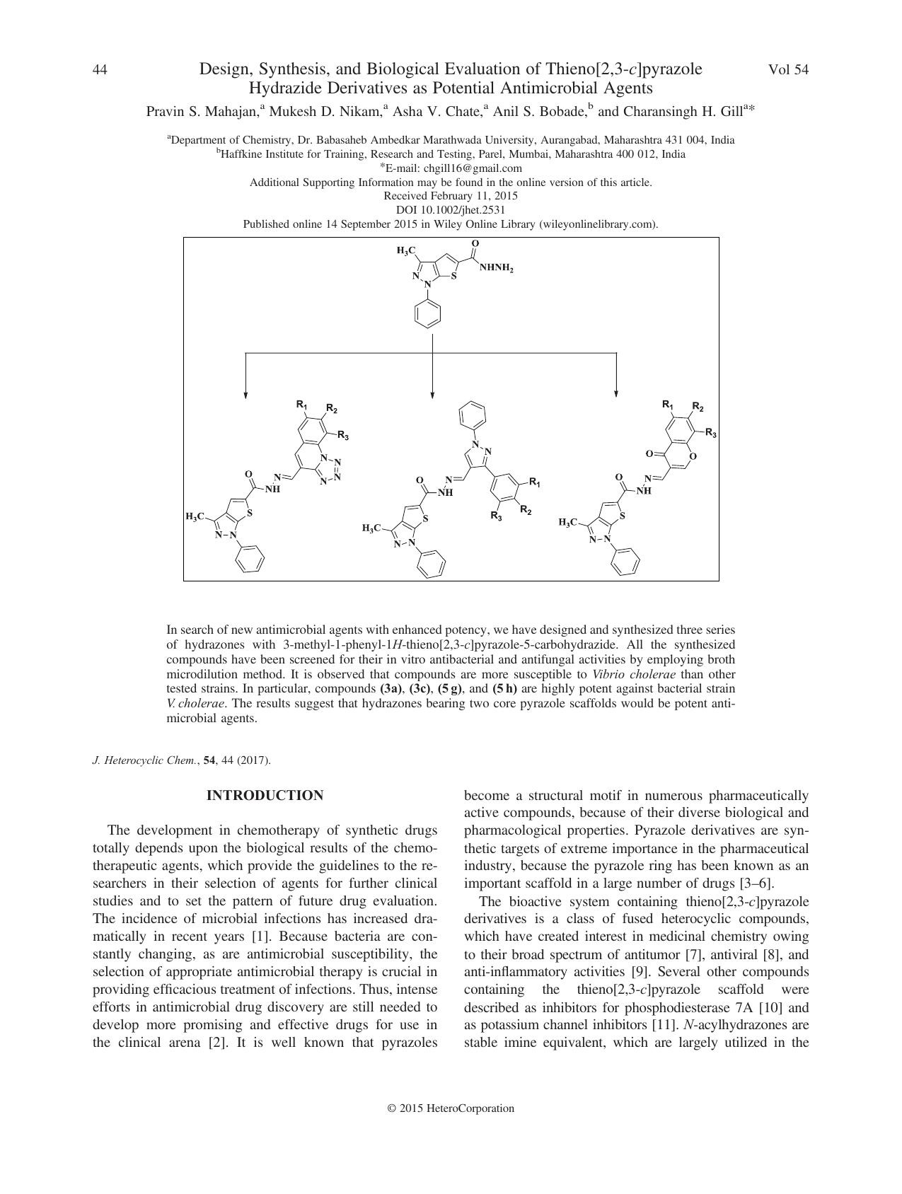 Design, Synthesis, and Biological Evaluation of Thieno[2,3-c]pyrazole Hydrazide Derivatives as Potential Antimicrobial Agents by Pravin S. Mahajan Mukesh D. Nikam Asha V. Chate Anil S. Bobade Charansingh H. Gill