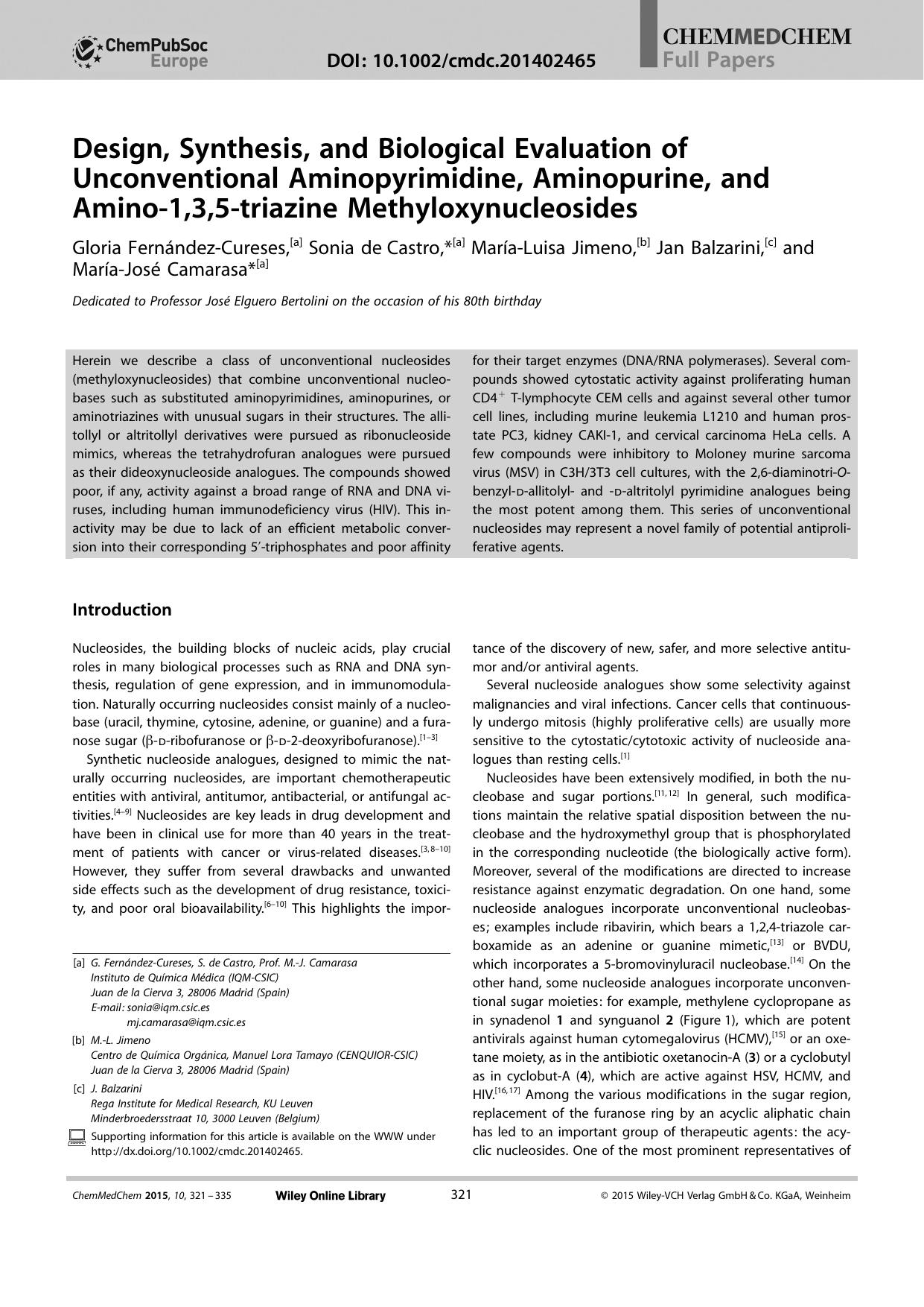 Design, Synthesis, and Biological Evaluation of Unconventional Aminopyrimidine, Aminopurine, and Amino1,3,5triazine Methyloxynucleosides by Unknown