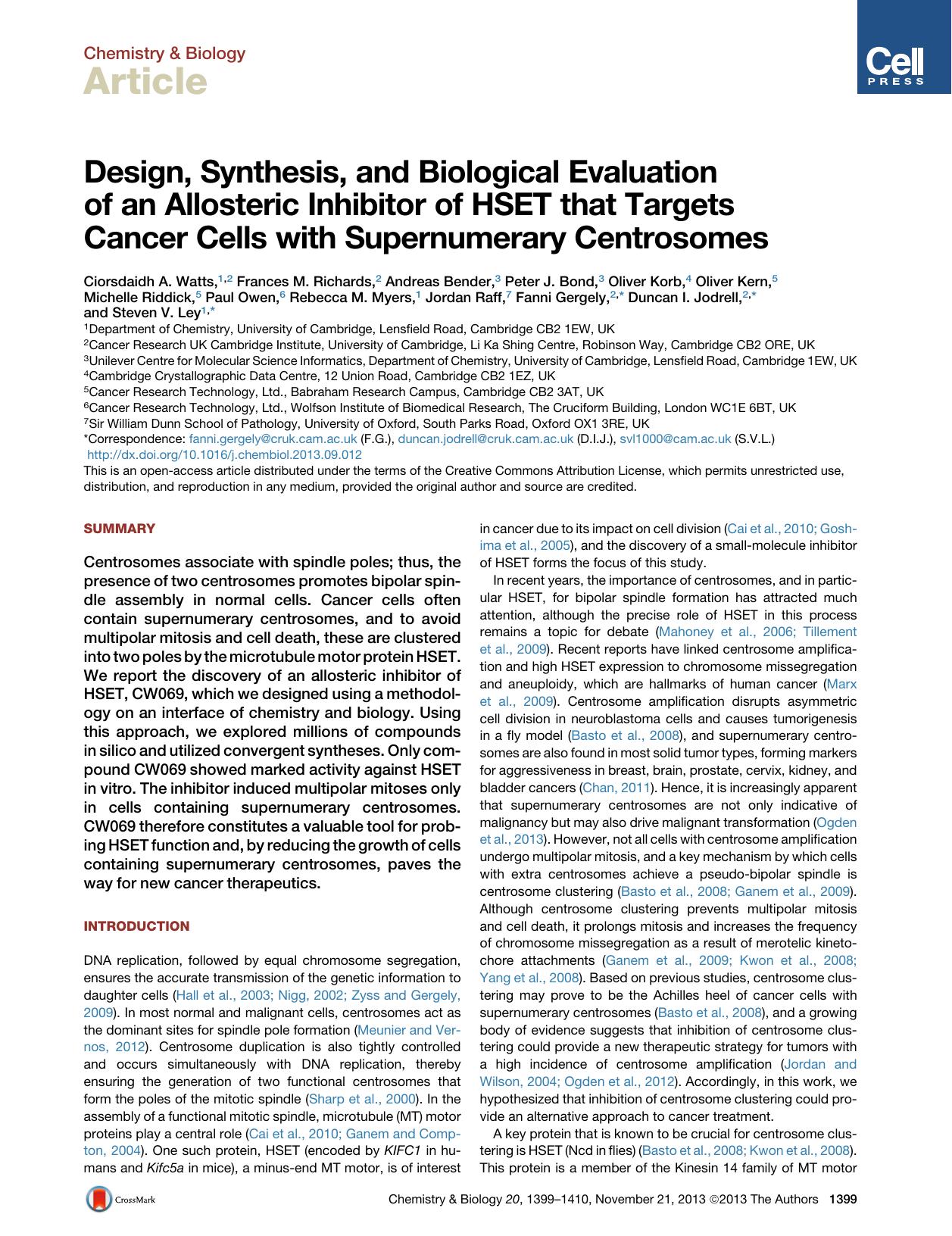 Design, Synthesis, and Biological Evaluation of an Allosteric Inhibitor of HSET that Targets Cancer Cells with Supernumerary Centrosomes by unknow