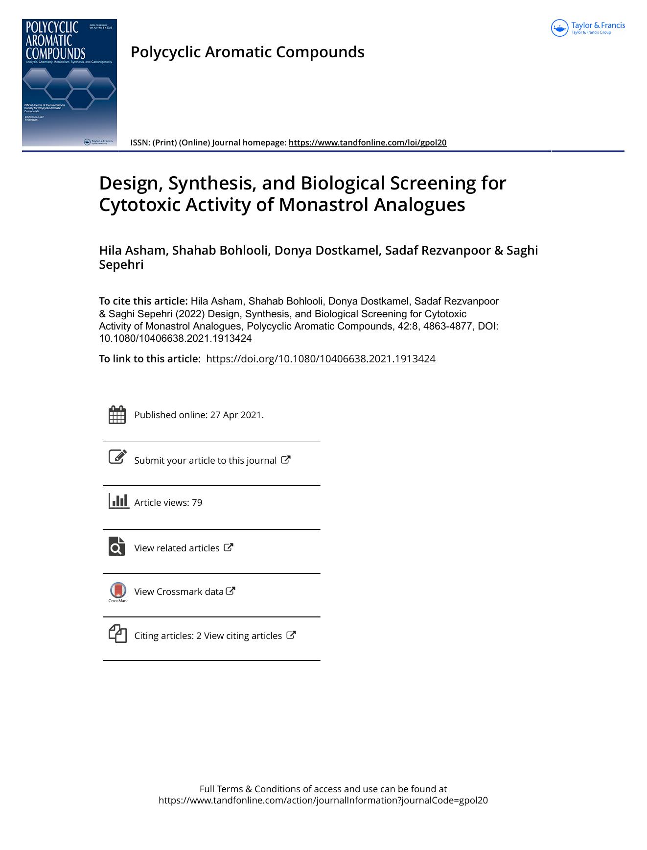 Design, Synthesis, and Biological Screening for Cytotoxic Activity of Monastrol Analogues by Asham Hila & Bohlooli Shahab & Dostkamel Donya & Rezvanpoor Sadaf & Sepehri Saghi