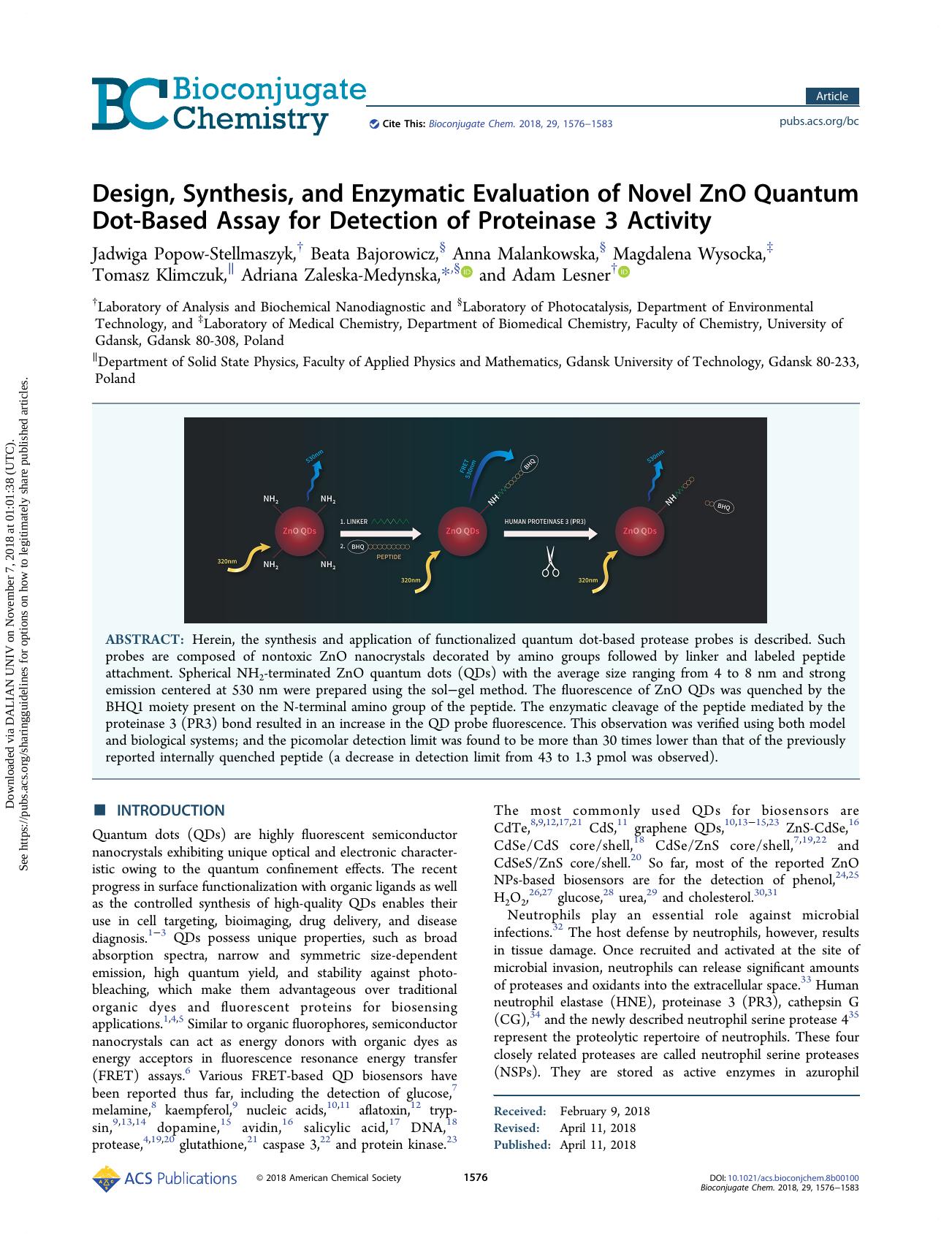 Design, Synthesis, and Enzymatic Evaluation of Novel ZnO Quantum Dot-Based Assay for Detection of Proteinase 3 Activity by unknow