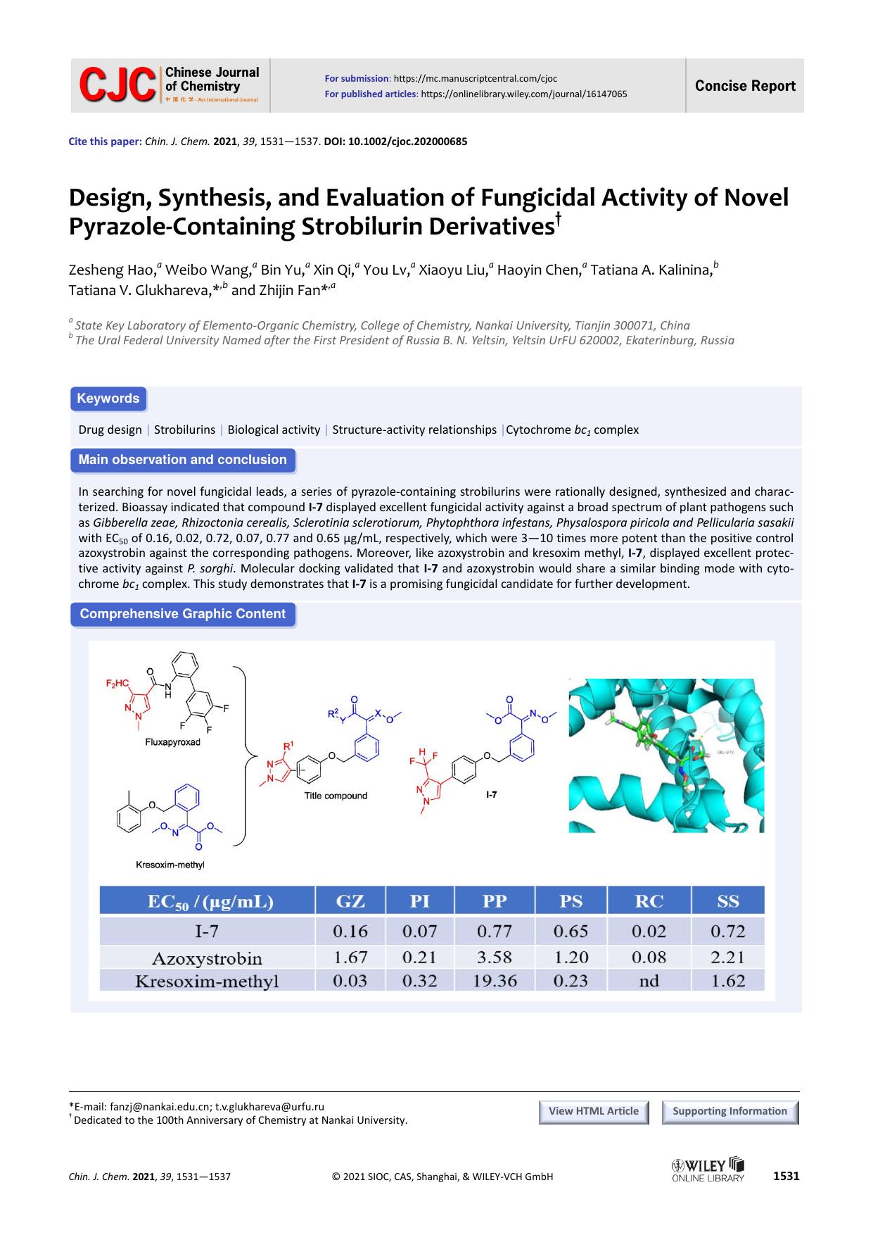 Design, Synthesis, and Evaluation of Fungicidal Activity of Novel Pyrazole-containing Strobilurin Derivatives by Hao ZS