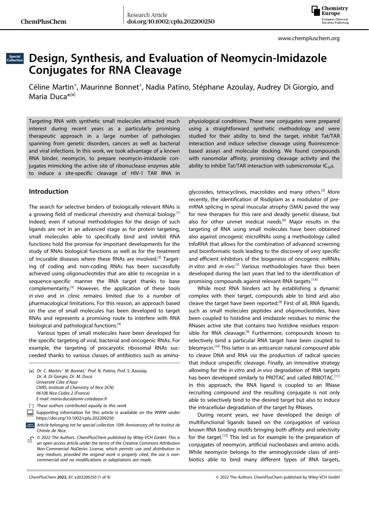Design, Synthesis, and Evaluation of NeomycinâImidazole Conjugates for RNA Cleavage by Unknown