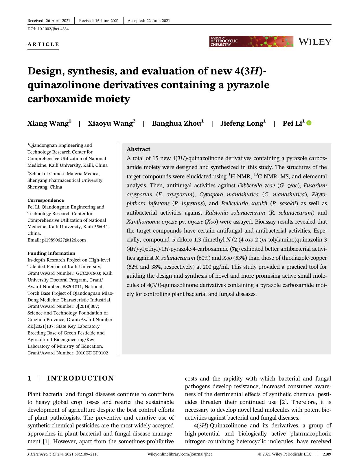 Design, Synthesis, and Evaluation of New 4(3H)âQuinazolinone Derivatives Containing a Pyrazole Carboxamide Moiety by Unknown