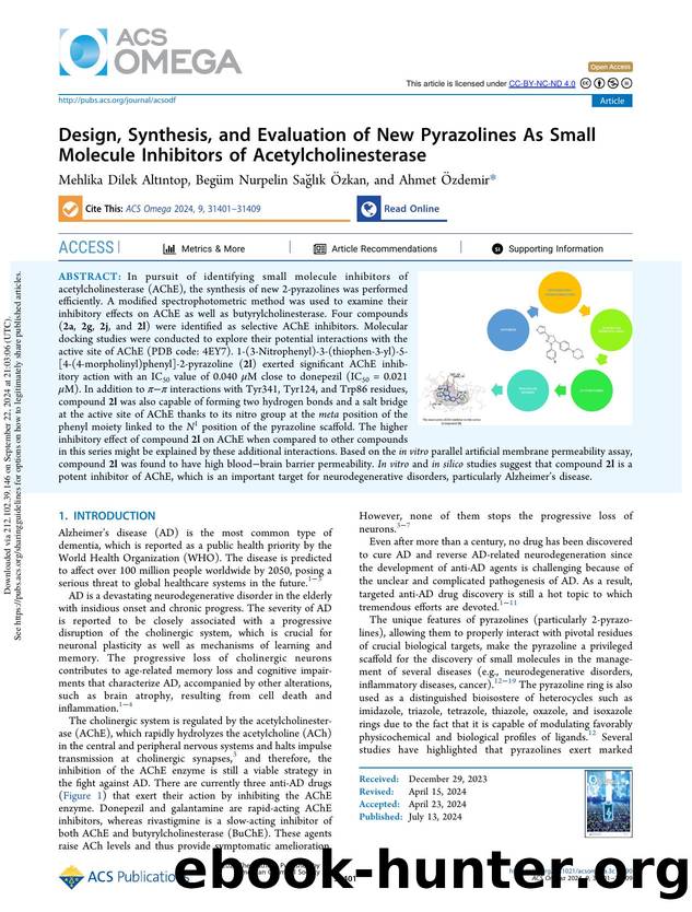 Design, Synthesis, and Evaluation of New Pyrazolines As Small Molecule Inhibitors of Acetylcholinesterase by Mehlika Dilek Altıntop Begüm Nurpelin Sağlık Özkan & Ahmet Özdemir