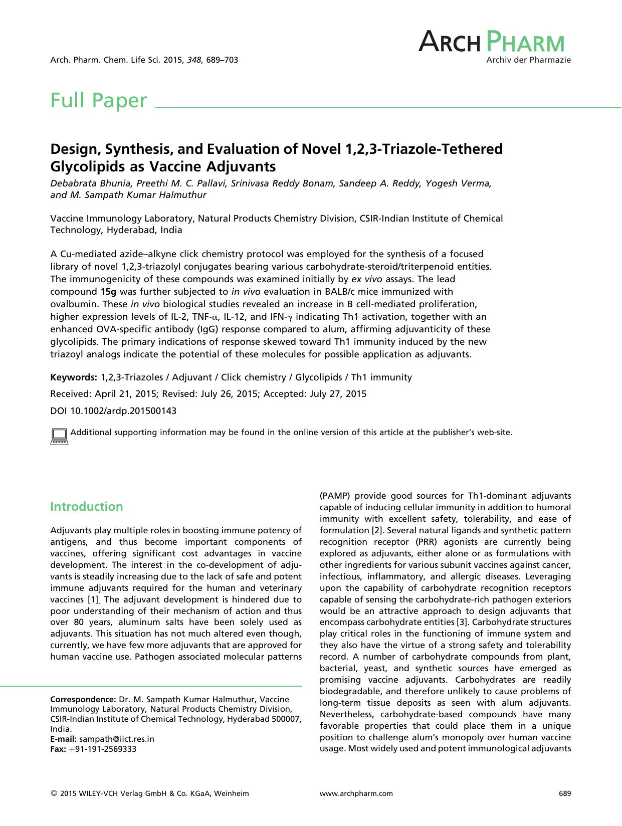 Design, Synthesis, and Evaluation of Novel 1,2,3-Triazole-Tethered Glycolipids as Vaccine Adjuvants by Unknown