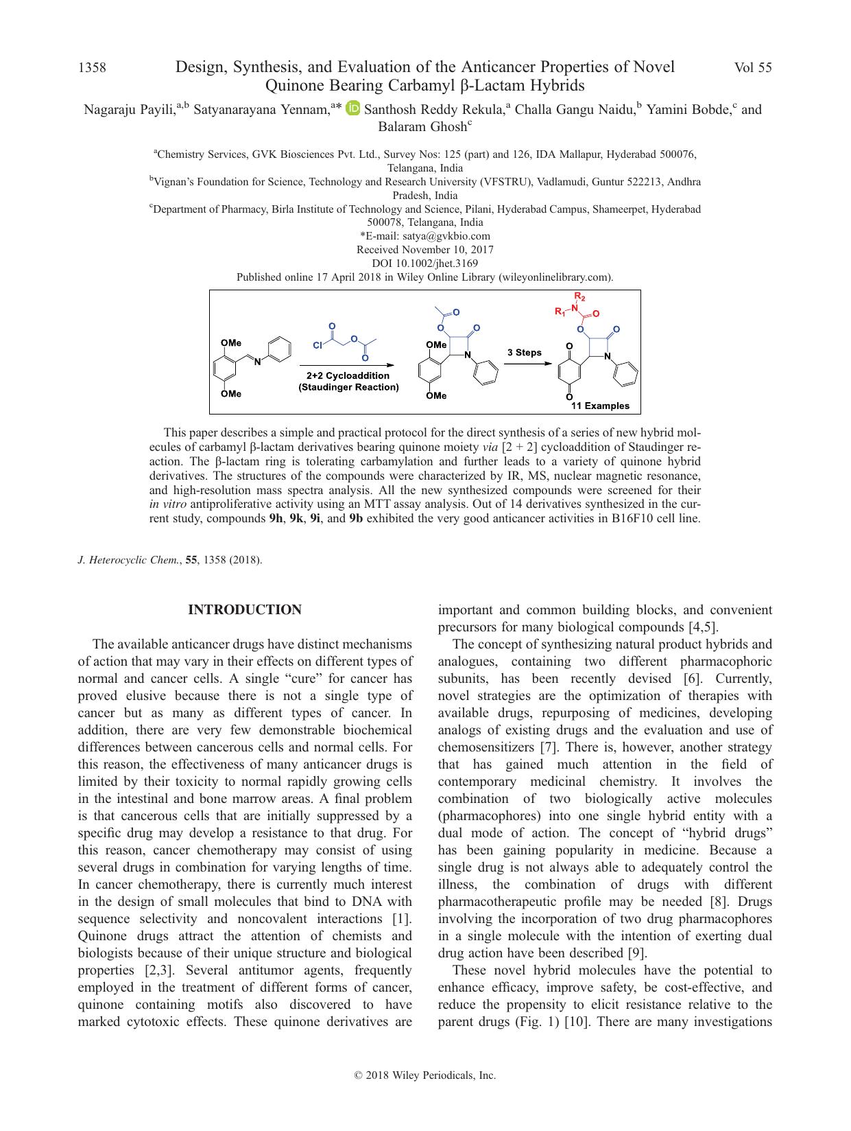 Design, Synthesis, and Evaluation of the Anticancer Properties of Novel Quinone Bearing Carbamyl -Lactam Hybrids by unknow
