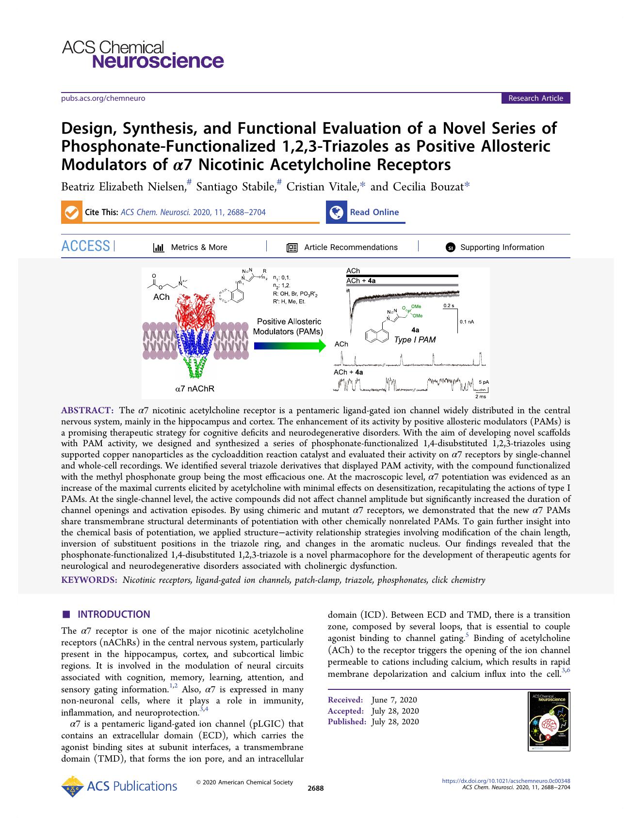 Design, Synthesis, and Functional Evaluation of a Novel Series of Phosphonate-Functionalized 1,2,3-Triazoles as Positive Allosteric Modulators of Î±7 Nicotinic Acetylcholine Receptors by Beatriz Elizabeth Nielsen Santiago Stabile Cristian Vitale and Cecilia Bouzat