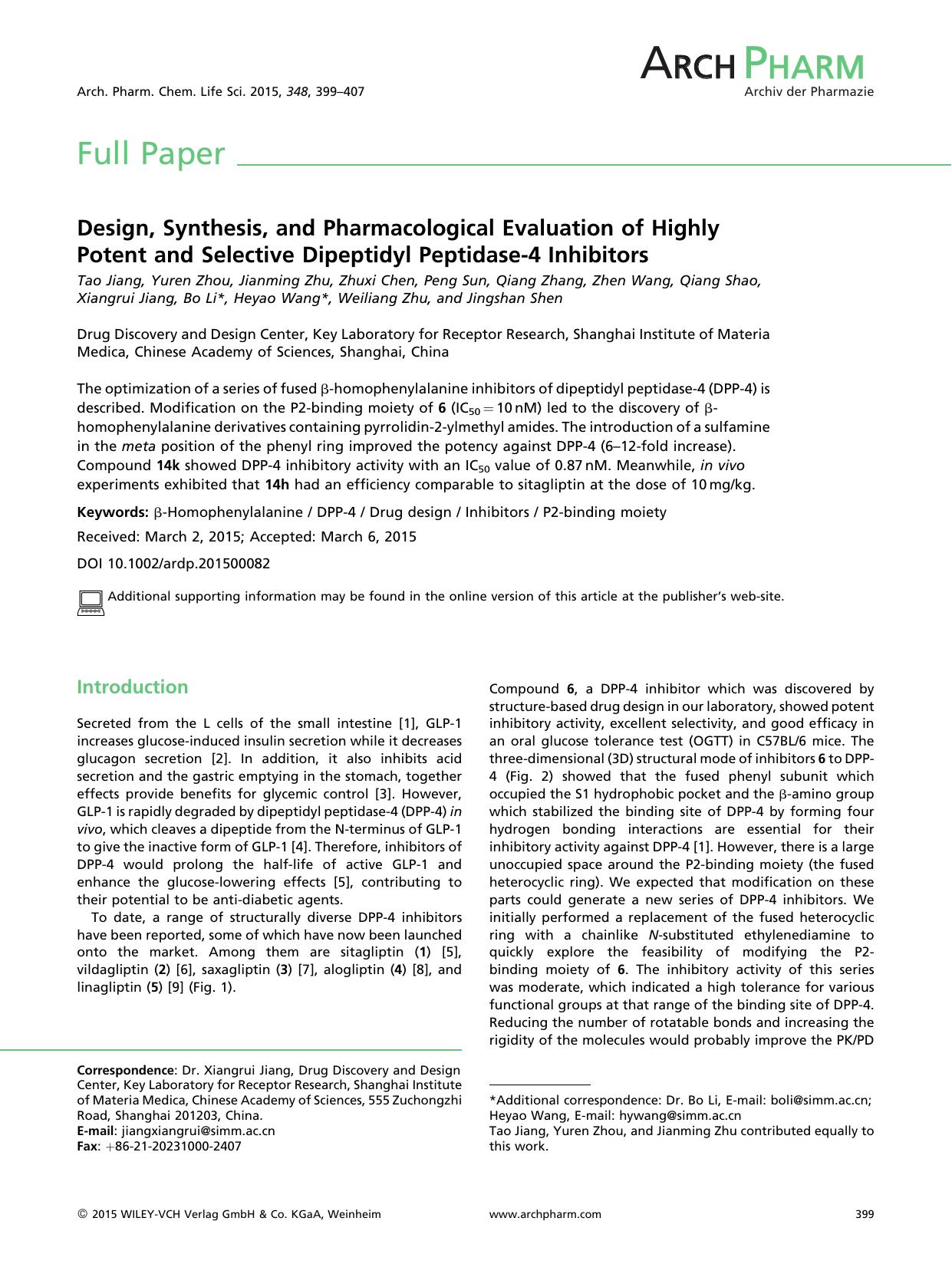Design, Synthesis, and Pharmacological Evaluation of Highly Potent and Selective Dipeptidyl Peptidase-4 Inhibitors by Unknown