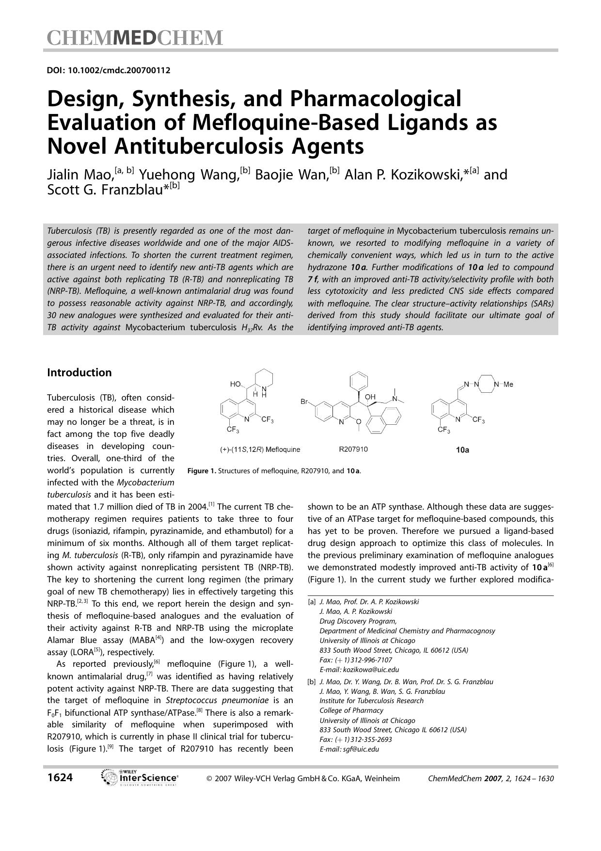Design, Synthesis, and Pharmacological Evaluation of Mefloquine-Based Ligands as Novel Antituberculosis Agents by Unknown