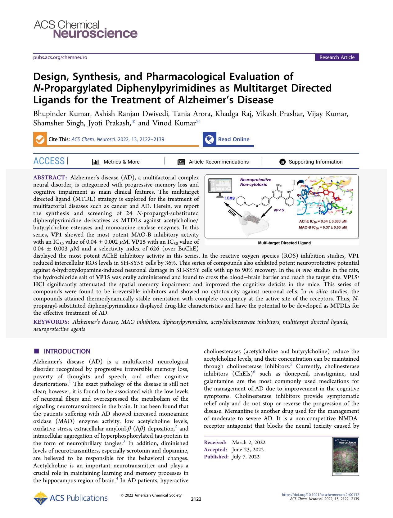Design, Synthesis, and Pharmacological Evaluation of N-Propargylated Diphenylpyrimidines as Multitarget Directed Ligands for the Treatment of Alzheimerâs Disease by unknow