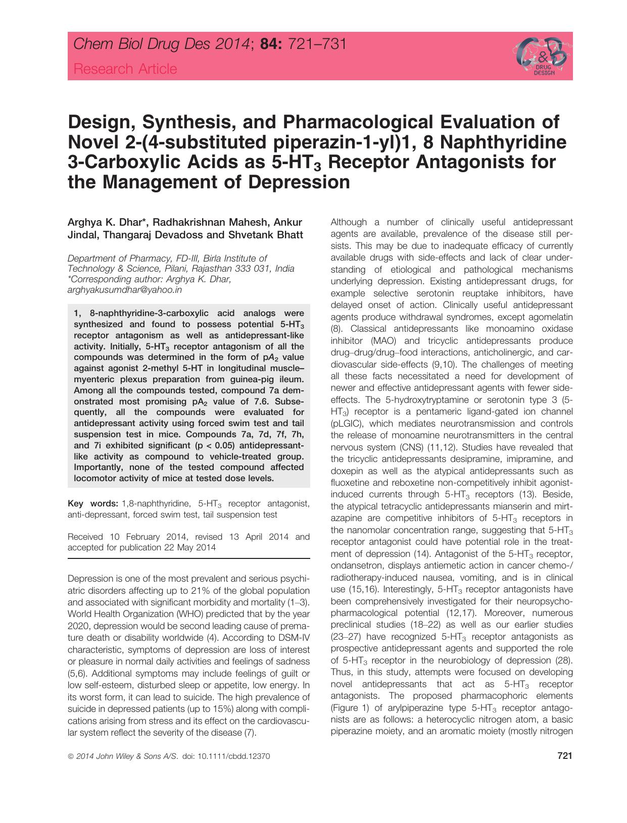Design, Synthesis, and Pharmacological Evaluation of Novel 2‐(4‐substituted piperazin‐1‐yl)1, 8 Naphthyridine 3‐Carboxylic Acids as 5‐HT3 by unknow