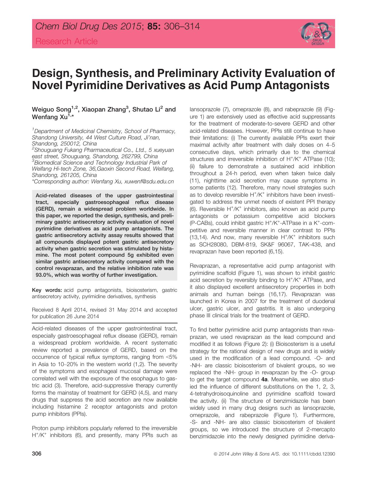 Design, Synthesis, and Preliminary Activity Evaluation of Novel Pyrimidine Derivatives as Acid Pump Antagonists by unknow