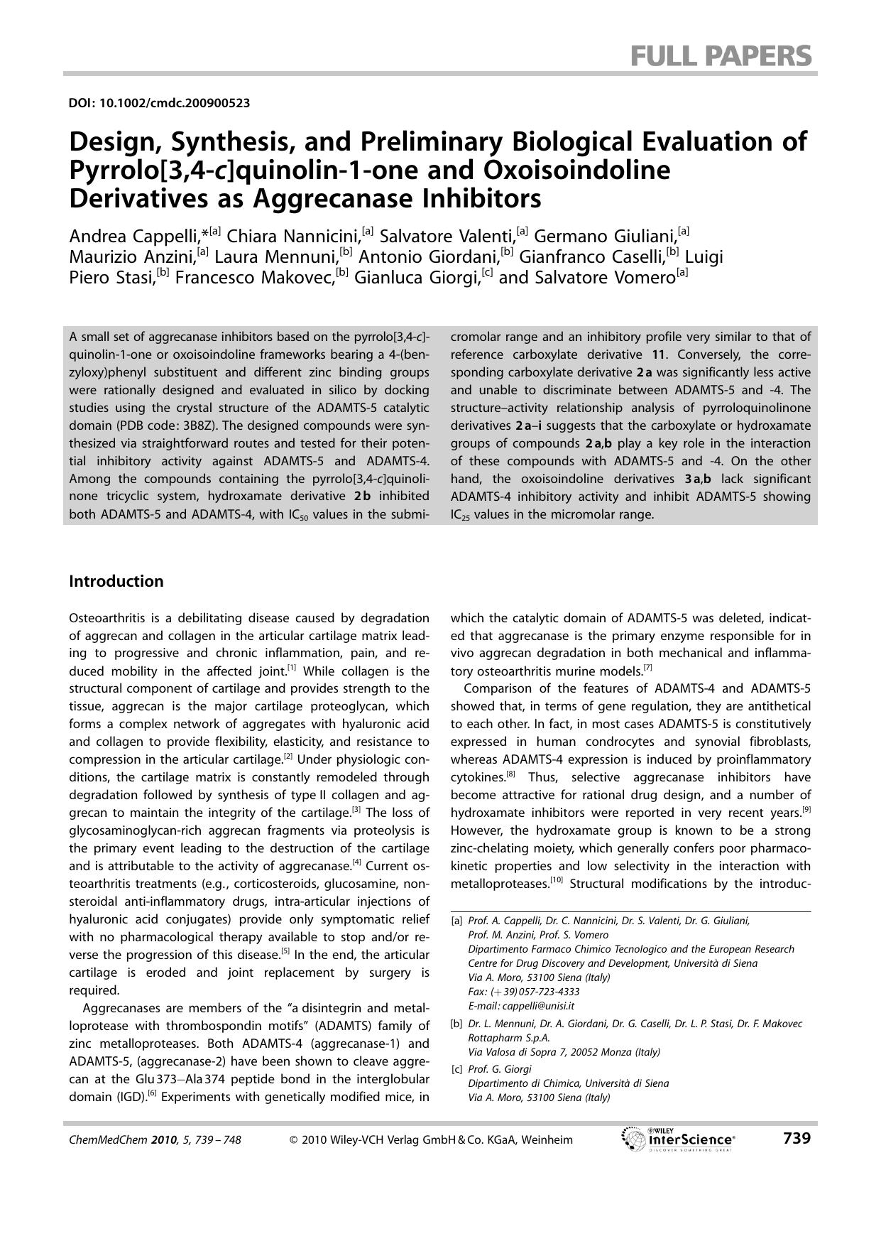 Design, Synthesis, and Preliminary Biological Evaluation of Pyrrolo[3,4c]quinolin1one and Oxoisoindoline Derivatives as Aggrecanase Inhibitors by Unknown