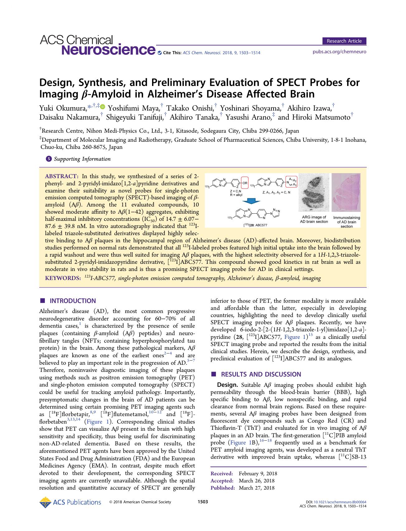 Design, Synthesis, and Preliminary Evaluation of SPECT Probes for Imaging Î²-Amyloid in Alzheimerâs Disease Affected Brain by unknow