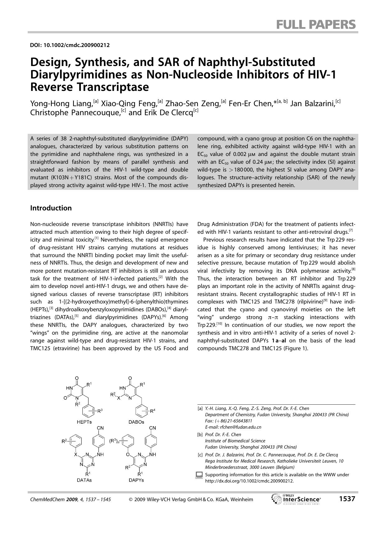 Design, Synthesis, and SAR of Naphthyl-Substituted Diarylpyrimidines as Non-Nucleoside Inhibitors of HIV-1 Reverse Transcriptase by Unknown