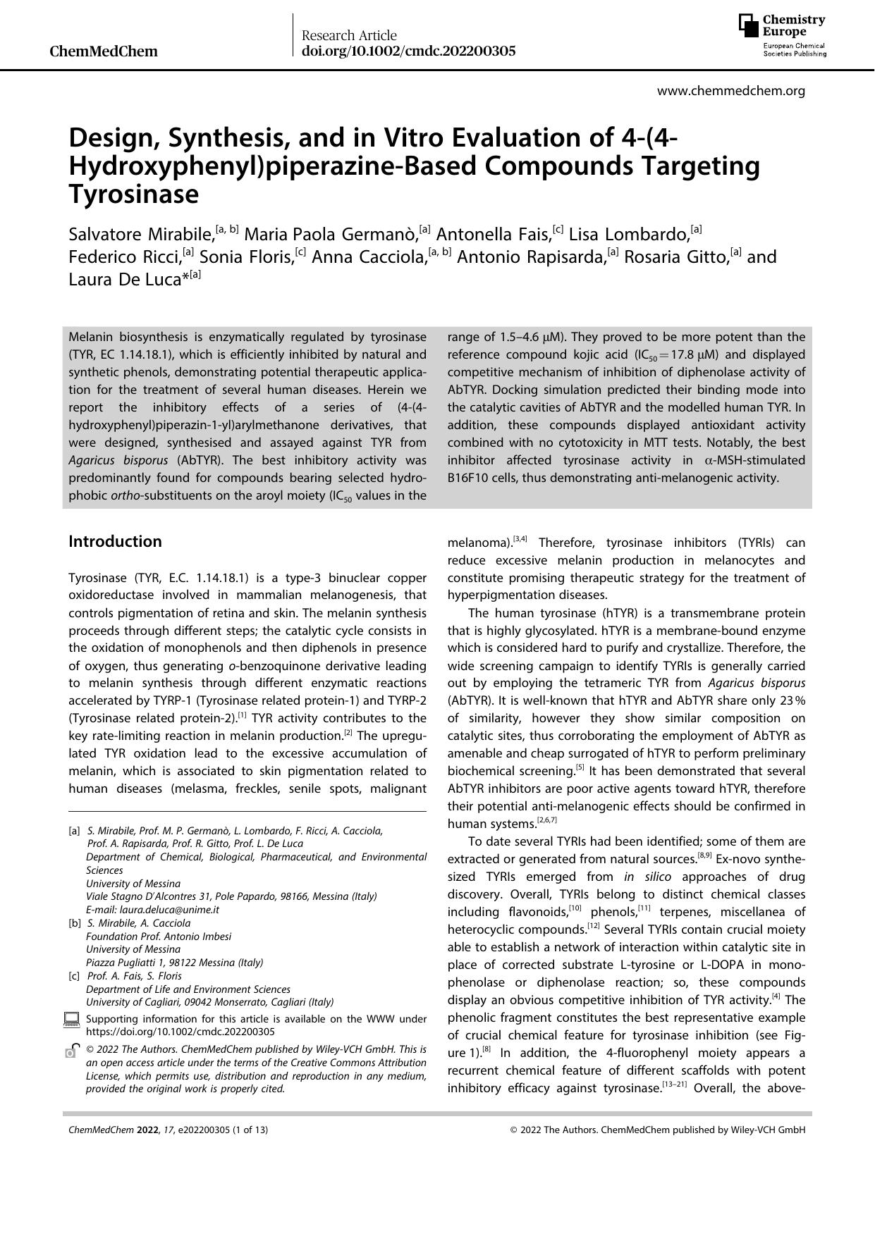Design, Synthesis, and in Vitro Evaluation of 4â(4âHydroxyphenyl)piperazineâBased Compounds Targeting Tyrosinase by Unknown
