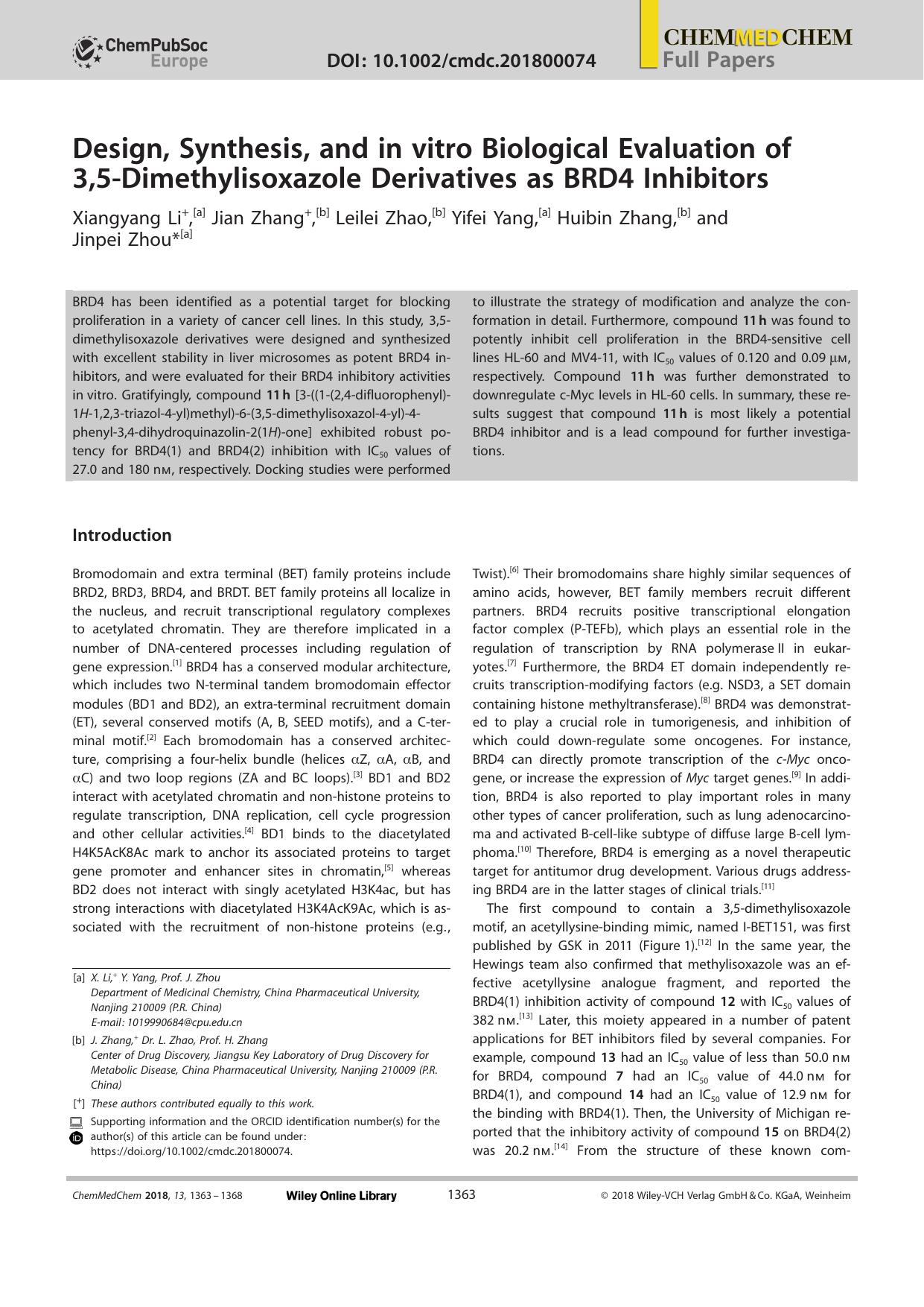 Design, Synthesis, and in vitro Biological Evaluation of 3,5âDimethylisoxazole Derivatives as BRD4 Inhibitors by Unknown