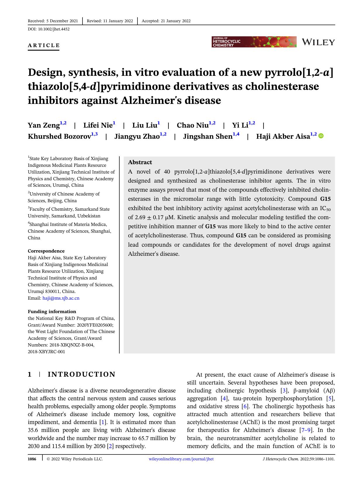 Design, Synthesis, in vitro Evaluation of a New Pyrrolo[1,2- a ]thiazolo[5,4- d ]pyrimidinone Derivatives as Cholinesterase Inhibitors Against Alzheimerâs Disease by Unknown