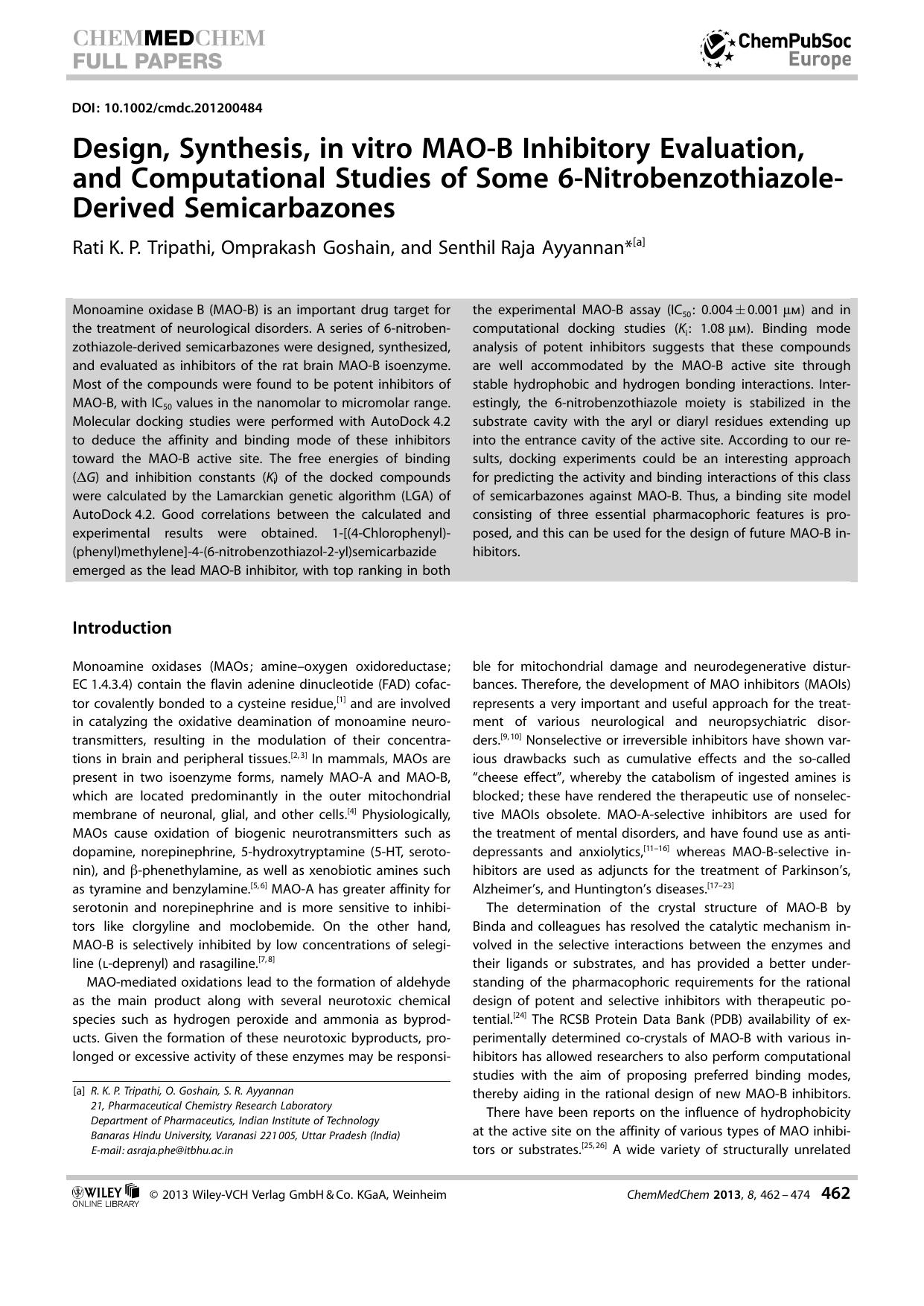 Design, Synthesis, invitro MAOB Inhibitory Evaluation, and Computational Studies of Some 6NitrobenzothiazoleDerived Semicarbazones by Unknown