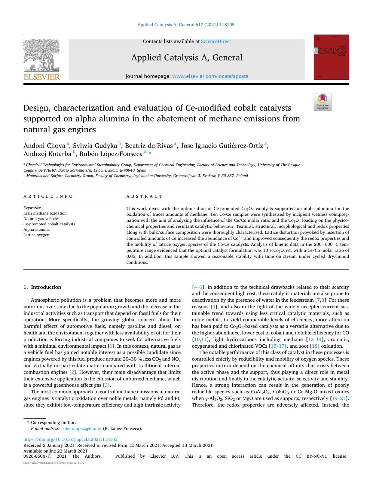 Design, characterization and evaluation of Ce-modified cobalt catalysts supported on alpha alumina in the abatement of methane emissions from natural gas engines by unknow