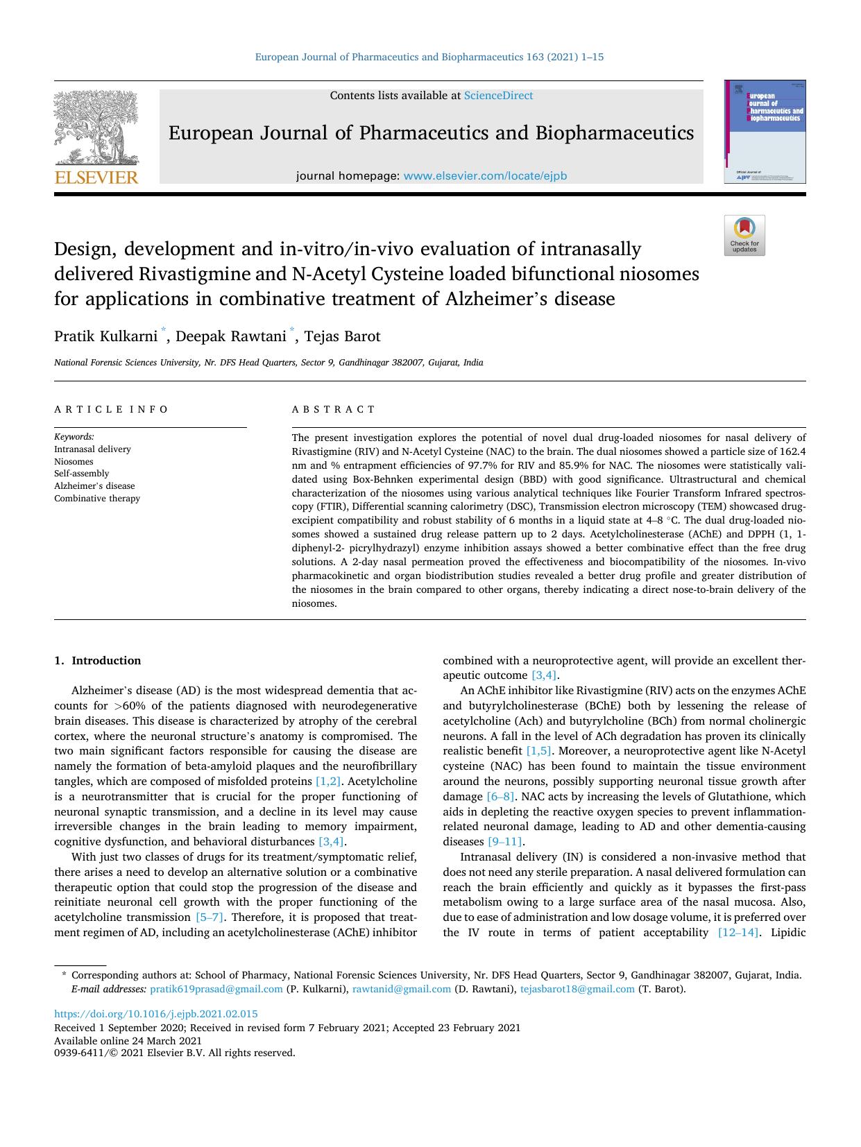 Design, development and in-vitroin-vivo evaluation of intranasally delivered Rivastigmine and N-Acetyl Cysteine loaded bifunctional niosomes for applications in combinative treatme by Pratik Kulkarni & Deepak Rawtani & Tejas Barot