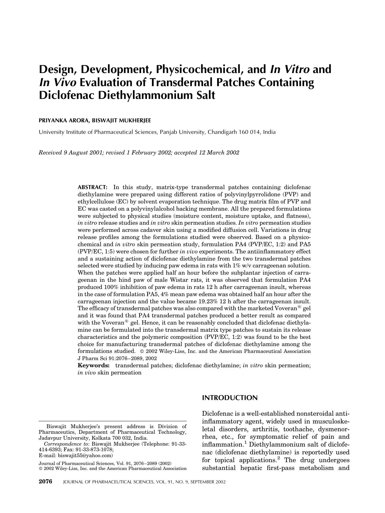 Design, development, physicochemical, and in vitro and in vivo evaluation of transdermal patches containing diclofenac diethylammonium salt by Unknown