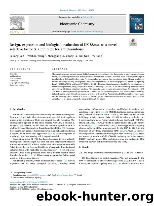 Design, expression and biological evaluation of DX-88mut as a novel selective factor XIa inhibitor for antithrombosis by Feilong Sun & Weihao Wang & Zhengyang Li & Yitong Li & Wei Guo & Yi Kong