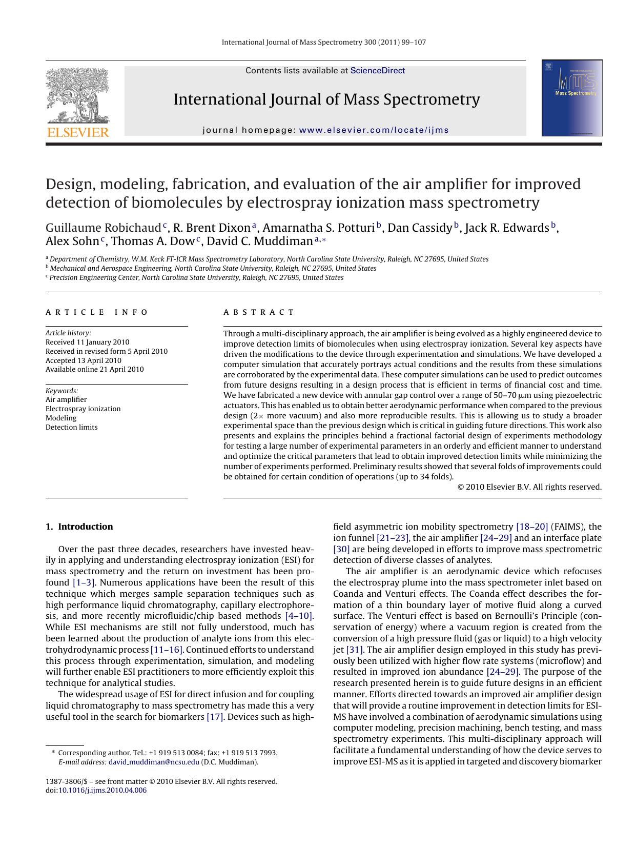 Design, modeling, fabrication, and evaluation of the air amplifier for improved detection of biomolecules by electrospray ionization mass spectrometry by Guillaume Robichaud