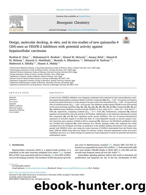 Design, molecular docking, in vitro, and in vivo studies of new quinazolin-4(3 H )-ones as VEGFR-2 inhibitors with potential activity against hepatocellular carcinoma by unknow