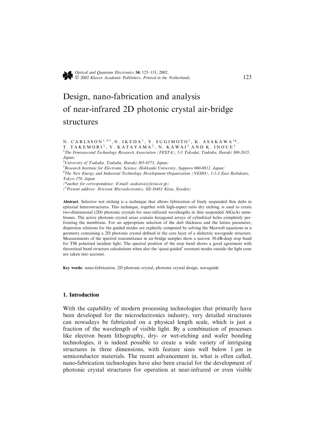 Design, nano-fabrication and analysis of near-infrared 2D photonic crystal air-bridge structures by Unknown