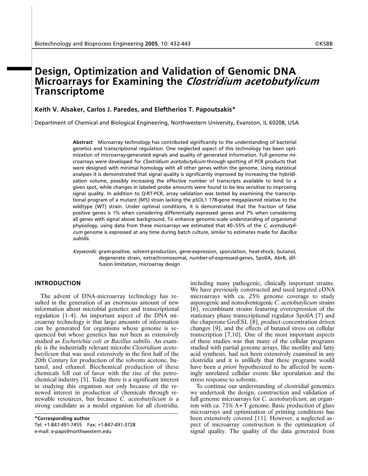 Design, optimization and validation of genomic DNA microarrays for examining the <Emphasis Type="Italic">Clostridium acetobutylicum <Emphasis> transcriptome by Unknown