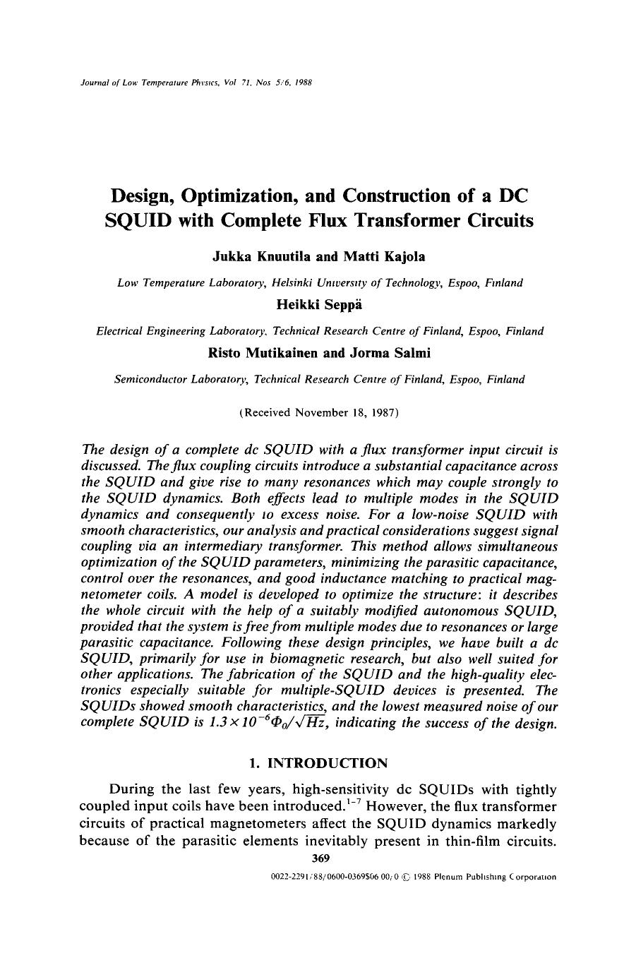 Design, optimization, and construction of a dc SQUID with complete flux transformer circuits by Unknown