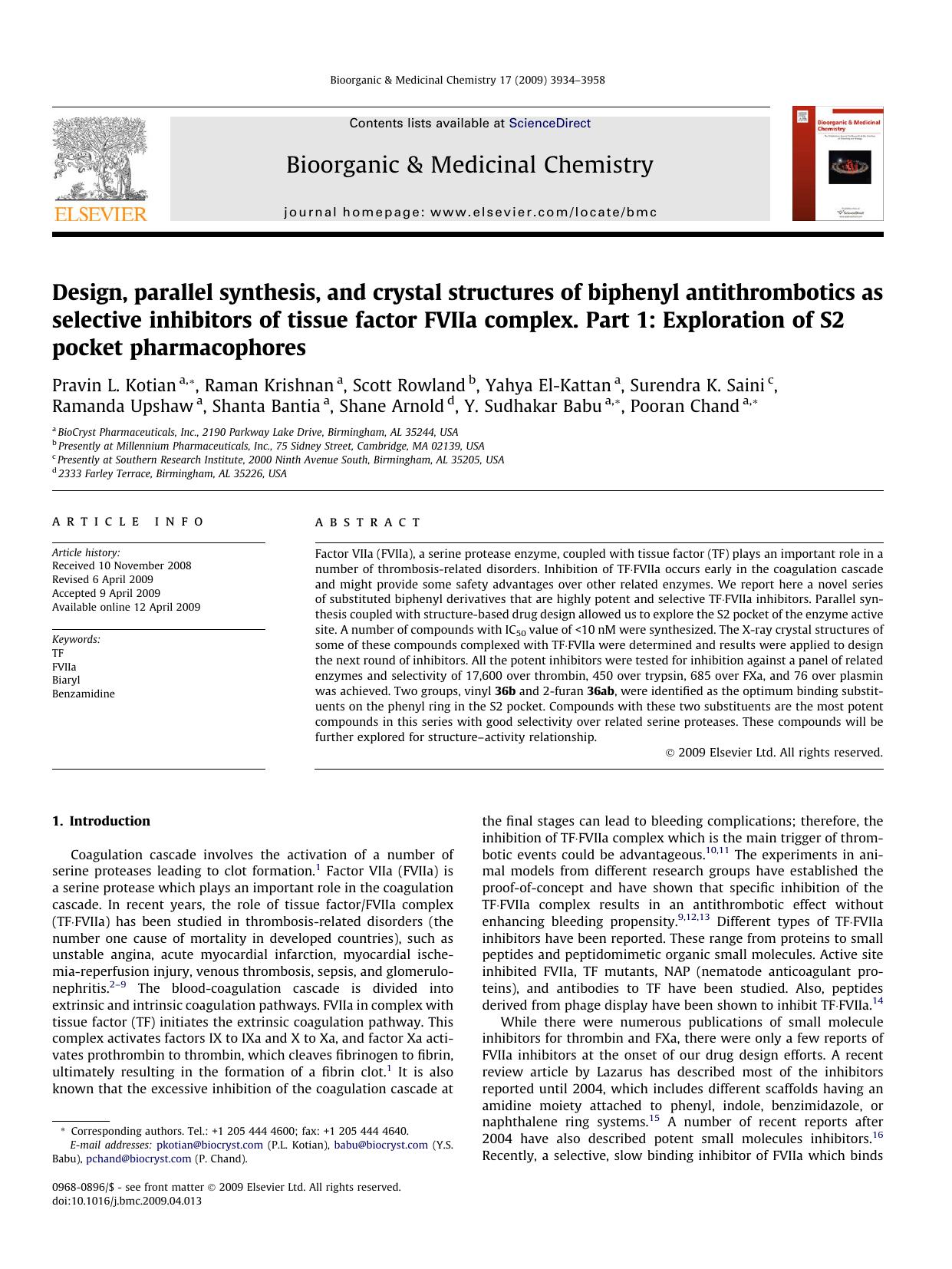 Design, parallel synthesis, and crystal structures of biphenyl antithrombotics as selective inhibitors of tissue factor FVIIa complex. Part 1: Exploration of S2 pocket pharmacophores by unknow