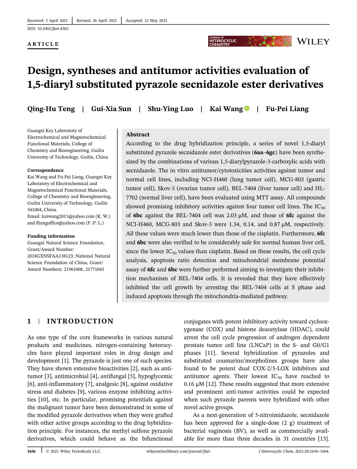 Design, syntheses and antitumor activities evaluation of 1,5-diaryl substituted pyrazole secnidazole ester derivatives by Unknown