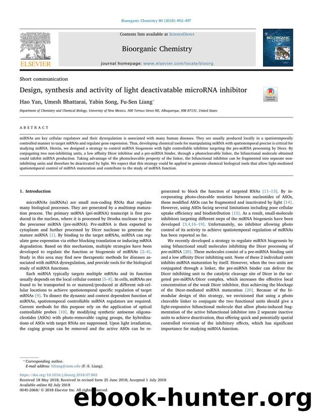 Design, synthesis and activity of light deactivatable microRNA inhibitor by Hao Yan & Umesh Bhattarai & Yabin Song & Fu-Sen Liang