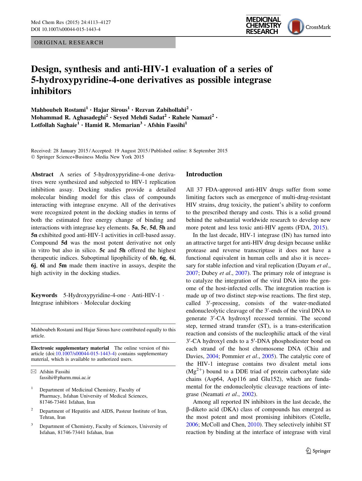 Design, synthesis and anti-HIV-1 evaluation of a series of 5-hydroxypyridine-4-one derivatives as possible integrase inhibitors by unknow