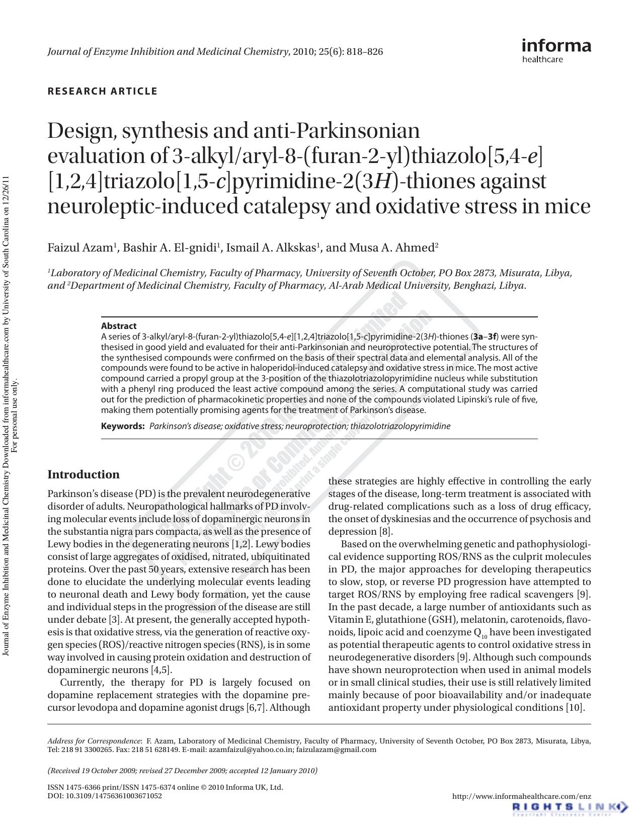 Design, synthesis and anti-Parkinsonian evaluation of 3-alkylaryl-8-(furan-2-yl)thiazolo[5,4-e][1,2,4]triazolo[1,5-c]pyrimidine-2(3H)-thiones against neuroleptic-induced catalepsy by unknow