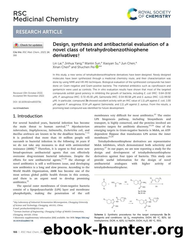 Design, synthesis and antibacterial evaluation of a novel class of tetrahydrobenzothiophene derivatives by Lin Lai & Jinhua Yang & Wanlin Sun & Xiaoyan Su & Jun Chen & Xinan Chen & Shuchen Pei