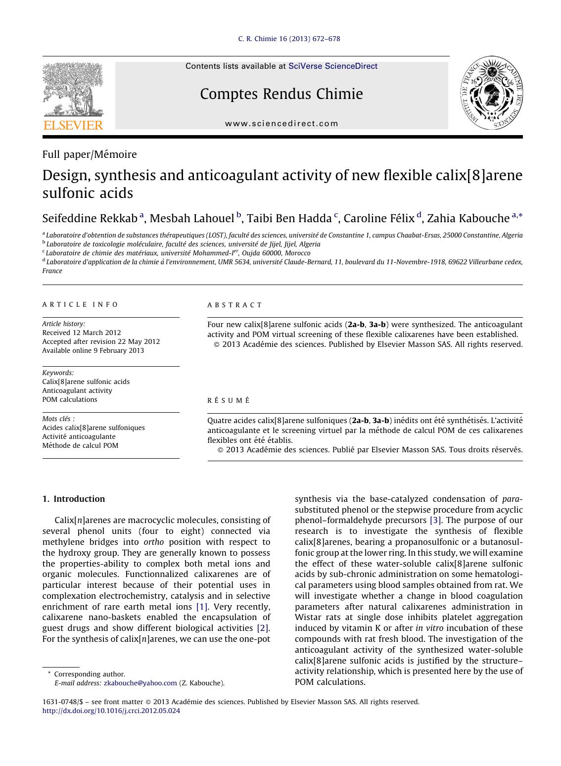 Design, synthesis and anticoagulant activity of new flexible calix[8]arene sulfonic acids by Seifeddine Rekkab