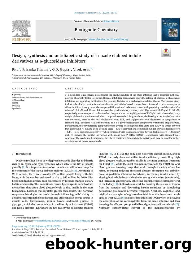 Design, synthesis and antidiabetic study of triazole clubbed indole derivatives as ÃÂ±-glucosidase inhibitors by Ritu & Priyanka Sharma & G.D. Gupta & Vivek Asati